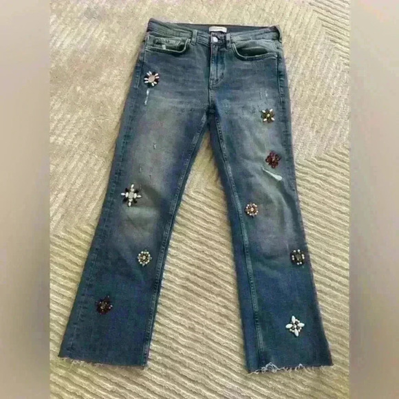 Zara High Rise Denim Blue Sparkly Bead Rhinestones Jewellery Distressed Size 4 - Picture 2 of 8